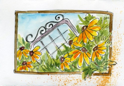 Watercolor Flower Art:Black Eyed Susans and Garden Gate in my watercolor flower journal-myflowerjournal.com