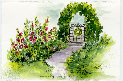 Watercolor Flower Art: Hollyhock Path in my watercolor flowerjournal-myflowerjournal.com