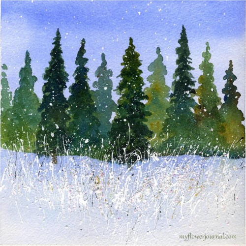 Winter Wondrland Watercolor with Splattered Acylic Paint-myflowerjournal