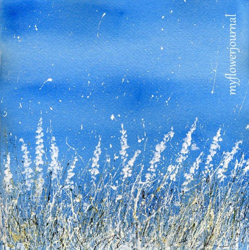 Snowy landscape with splattered paint on a watercolor background -myflowerjournal.com