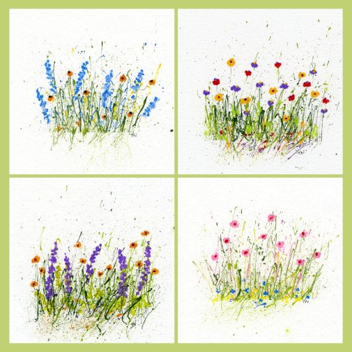 More splattered paint flower art ideas that can be used on cards and gift tags.