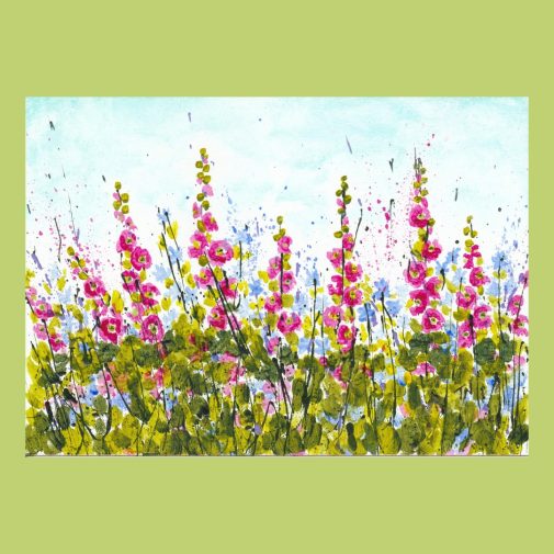 Hollyhocks painted on acrylic paint splatters on an Ampersand gesso board.