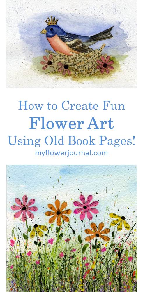 Such great ideas on how to create flower art using old book pages and splattered acrylic paint from myflowerjournal