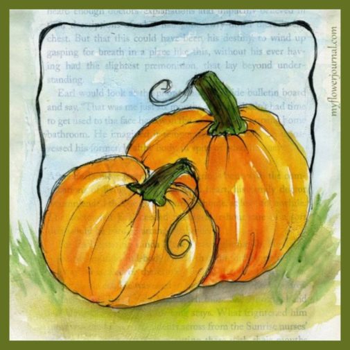 Watercolor pumpkins painted on an old book page covered with gesso-myflowerjournal.com Watercolor pumpkins painted on an old book page covered with gesso