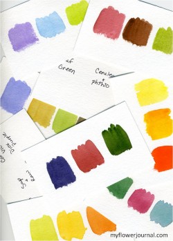 My color swatches in watercolor with color recipes on back-myflowerjournal.com