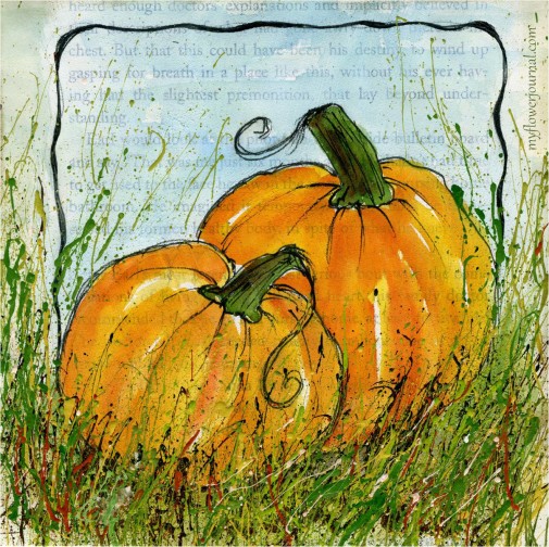 Pumpkins painted in watercolor on gesso on old book pages and splattered with acrylic paint-myflowerjournal