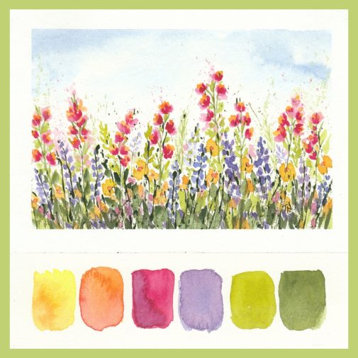 Splattered paint with watercolor flowers inspired by colorful swatches.