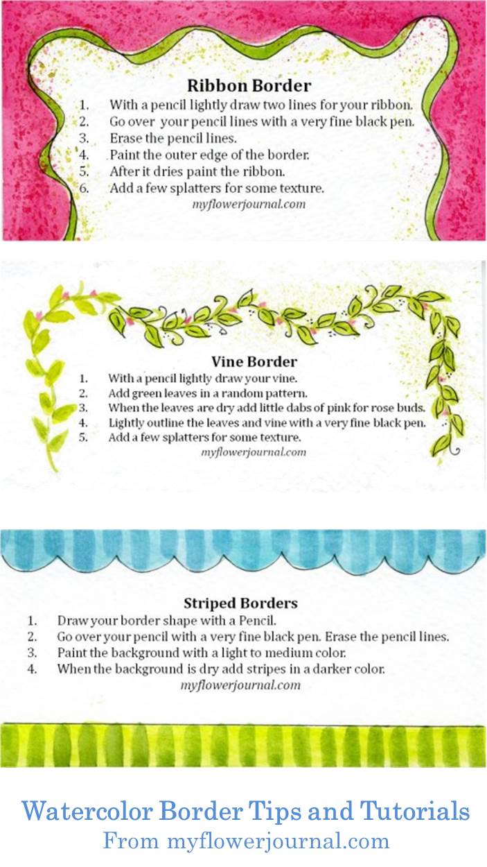 This site has some great tips and tutorials. I love the watercolor border ideas. They will look great in my art journal.