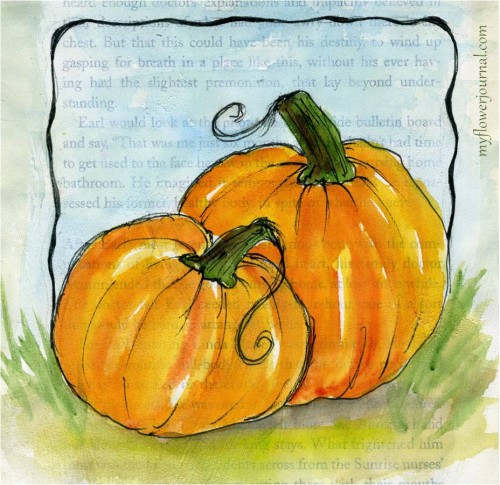 Watercolor pumpkins painted on an old book page covered with gesso-myflowerjournal.com