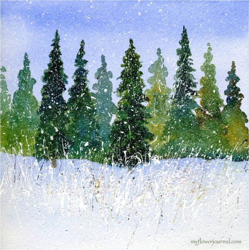 Winter Wondrland Watercolor with Splattered Acylic Paint-myflowerjournal.com