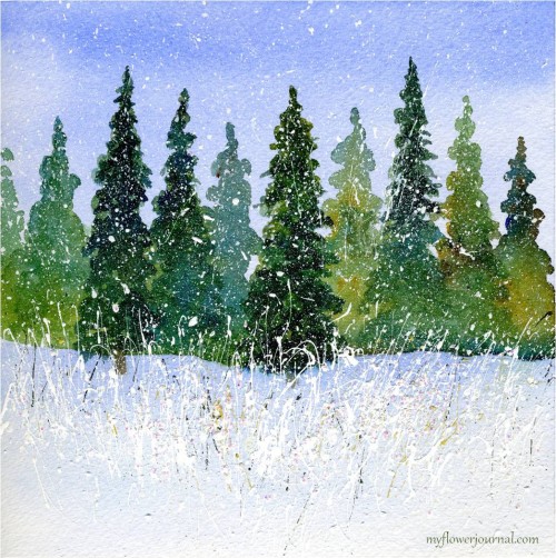Winter Wondrland Watercolor with Splattered Acylic Paint-myflowerjournal.com Winter Wondrland Watercolor with Splattered Acylic Paint-myflowerjournal.com