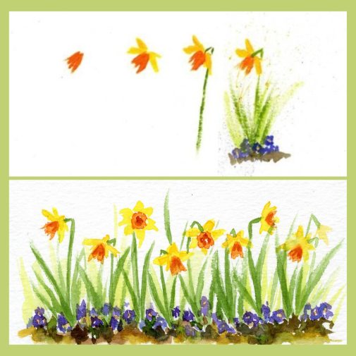 Check out this easy Daffodil Doodle tutorial from myflowerjournal. You can paint daffodils in 4 easy steps using watercolor or acrylic paint for framed art, cards, journal pages and more.