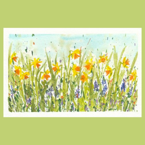 Watercolor daffodils on splattered acrylic paint