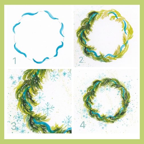 Steps to paint a watercolor snowflake wreath