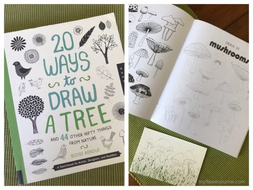 I used this great drawing book by Eloise Renouf to help be add some watercolor mushrooms to some splattered acrylic paint.