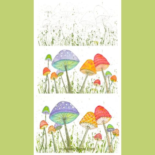 Whimsical watercolor mushrooms inspired by a class from Danielle Donaldson