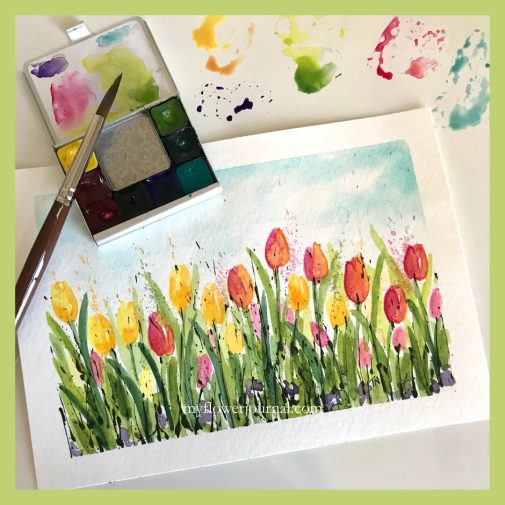 Learn how to add watercolor tulips to splattered acrylic paint with this tutorial from myflowerjournal.com