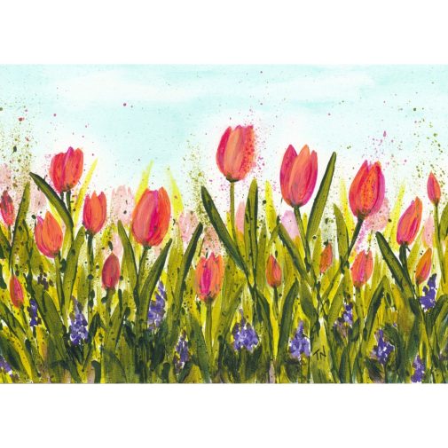 Tulip Time 5x7 acrylic on gesso board splattered paint flower art by Tammy Northrup 