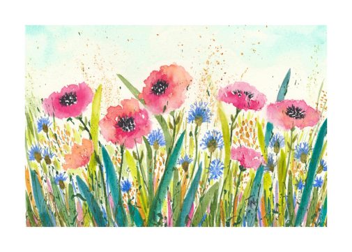 End of Summer Garden:Colorful watercolor flowers on splattered acrylic paint.